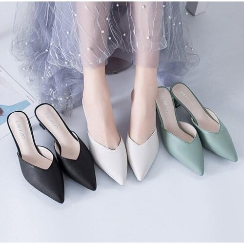 Womens Pumps New Mid-heel Shoes Female Stiletto Sandals Pointed Toe Half Slippers Ladies Party Dress Womens Office Work Shoes