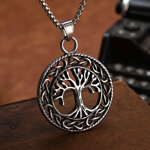 Vintage Stainless Steel Tree of Life Pendant Nordic Mythology Odin Celtics Knot Necklace Mens Chain Fashion Viking Jewelry Gift