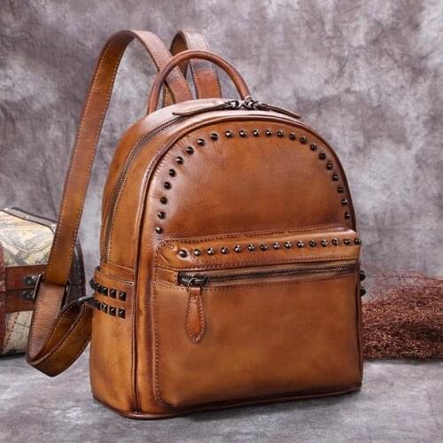 Vintage Genuine Leather Womens Backpack Small Backpacks Rivet Shoulder Bag Ladies Schoolbags First Layer Cowhide New Female