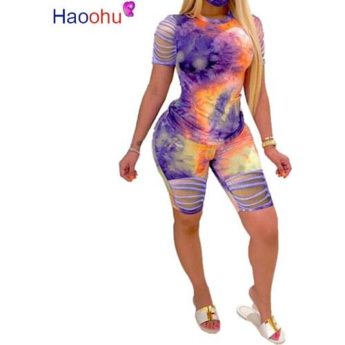 HAOOHU Rainbow Tie Dye Two Piece Set Women Costume Summer O Neck Short Sleeve Top Biker Short Sweatsuits Lounge Club Outfits