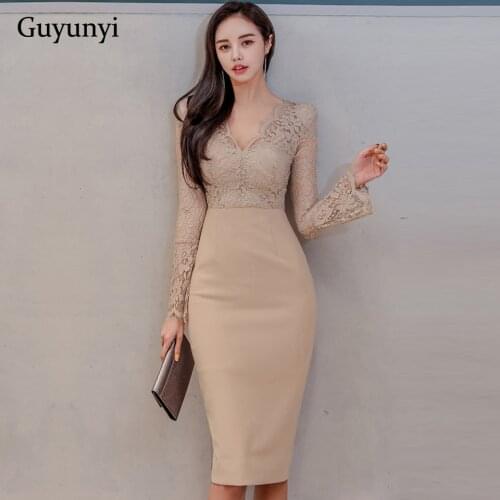 Professional Elegant Party Dress 2021 Spring V-Neck Sexy Perspective Lace Stitching Knee-Length High Waist Tight Dress Women