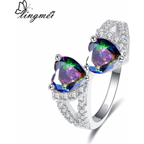 Lingmei Double Heart Romantic Lovers Multi & White & Red Zircon Silver Color Ring Size 6-9 Jewelry for Women Wedding