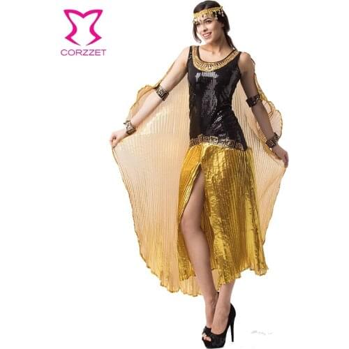 Gold / Black Sequined Egyptian Cleopatra Costume Women Princess Queen Dress Cosplay Sexy Costumes For Halloween Carnival Games