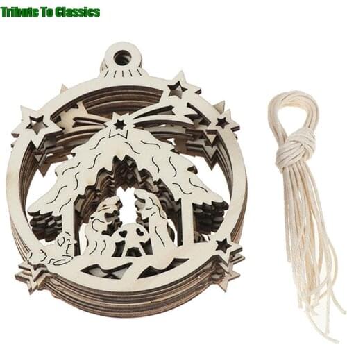 10PCS/Lot Vintage Hollow Christmas Jesus Wooden Pendants Ornaments Wood Craft Christmas Tree Ornaments Decorations Kids Gifts