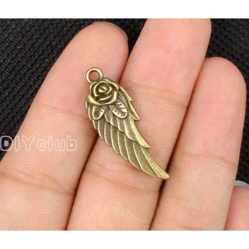 50pcs-Antique Bronze 2 Sided Rose Flower Angel Wing Charms Pendant 31x11mm