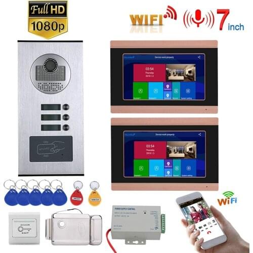 7inch Record Wired Wifi Video Intercom 2 Apartments Doorphone System with RFID 1080P Rainproof Doorbell Camera + Electric Lock