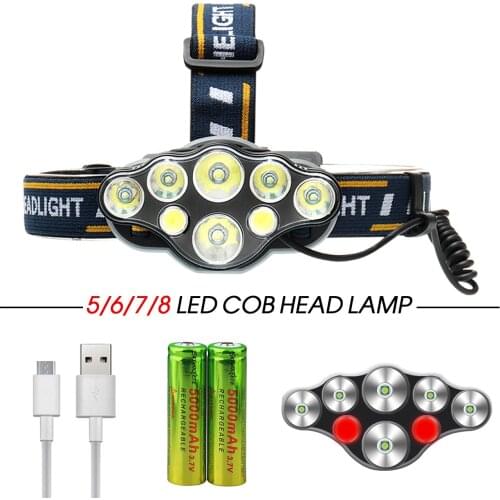 8pcs LED Strong Light Long Shot Headlights USB Charging Outdoor Night Fishing Waterproof COB red Light Warning Work Light