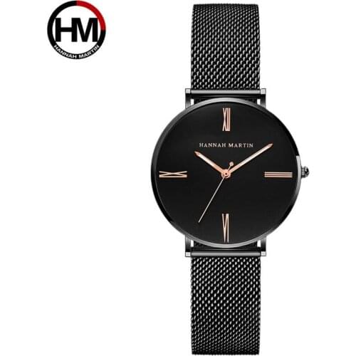 Hannah Martin Black Fashion Lady Watch Japan Quartz Women Clock Casual Stainless steel Wrist Watches Waterproof Authentic Brand