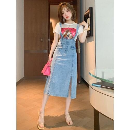 Printed breathable T-shirt + high waist split cowboy braces skirt suits summer new female