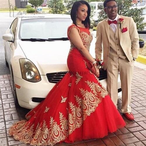 Elegant Red Long Prom Dresses Mermaid Gold Lace Backless Formal Evening Party Dress Gowns Vestidos de Festa Gala 2017 Hot Sell