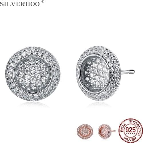SILVERHOO 925 Sterling Silver Hollow Circle Earrings For Women Simple Trendy Shiny 5A Cubic Zirconia Stud Earring Fine Jewelry