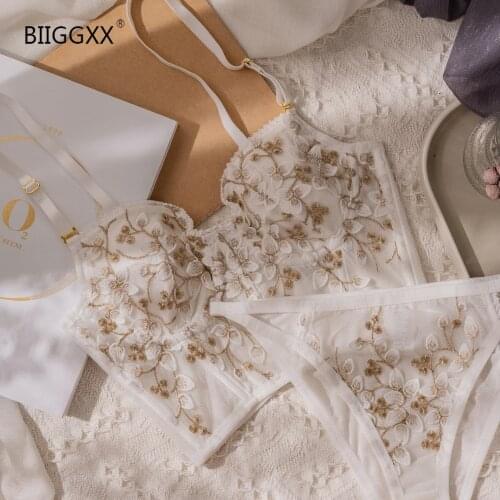 Biiggxx Underwear Bra Set Pants Embroidery Lace Steel Rubber Bone French Little Lady Sexy Cute Europe and America