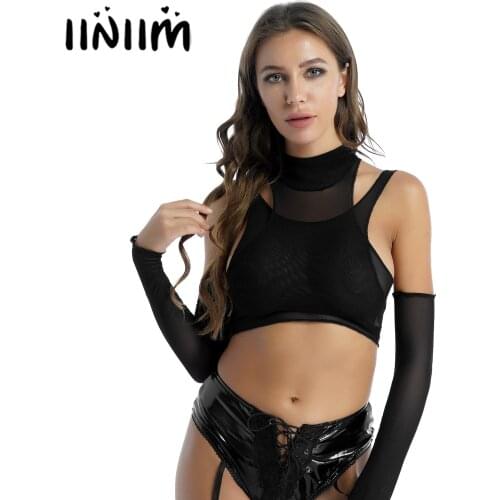 Womens High Neck Crop Top with Sleeveless Vest Sleeves Cropperd See-through Mesh Tank Camis Sexy Ladies Streetwear Clubwear