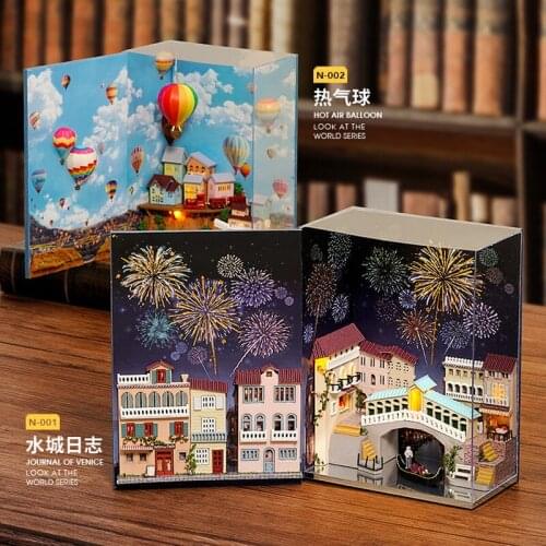 DIY Doll House Look At The World Hot Air Balloon Wooden Miniature Furniture Dollhouse LED Light Toys Gift Mini Book Series N-001