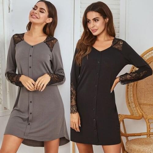 Nightdress Long Sleeve Lace Stitching Fake Placket European and American Womens Summer New Style Homing Dress Sleep Tops