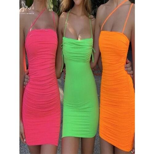 New Summer Women Dresses 2021 Sexy Mini Spaghetti Strap Dress Bodycon Party Dresses Low Neck Drop Shipping FLUFFY WORLD