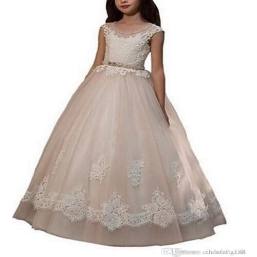 Flower Girls Dresses for Weddings Princess Little Girl Formal Gowns Jewel Neck Lace Top Tulle Skirt Teens Dress with Pink Beaded