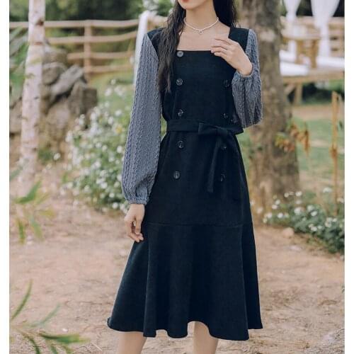 QoerliN Square Sleeve Belt Dress Women Spring Autumn Full Lantern Sleeve Ruffles Vestidos Mujer Elegant Fishtail Dress Plus Size