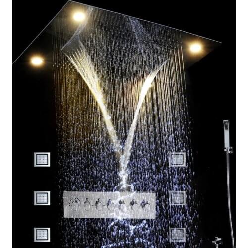 Bathroom Luxurious Extra Large 600*600mm Stainless Steel LED Top Spray Thermostatic Concealed Rain Spray Waterfall Shower Set