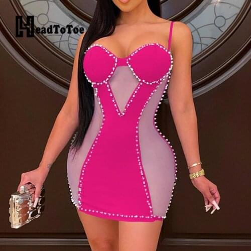 Solid Mesh Beading Embellished Sexy Club Dress Women Spaghetti Strap Above Knee Skinny High Waist Bodycon Dress