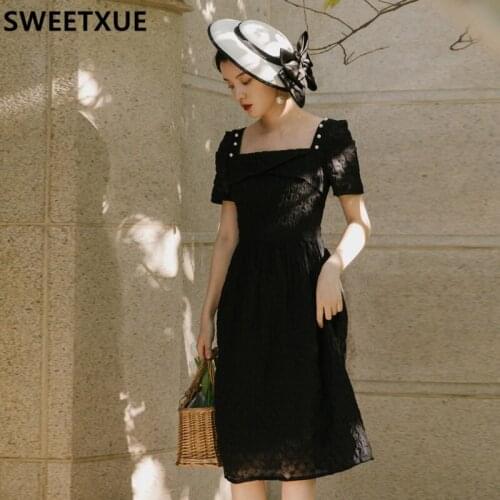 SWEETXUE Vintage Black Dress Female Temperament Square Neck Beaded High Waist A-Line Dress Summer Simple And Comfortable Dresses