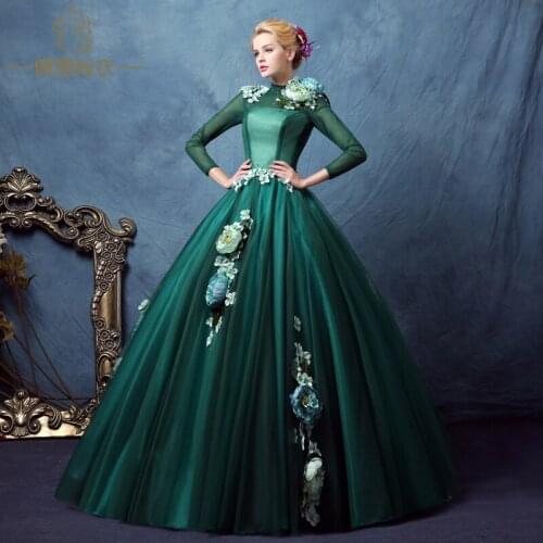 Long sleeve dark green collar shoulder flower beading stage gown Victorian dress/party/stage performance/medieval dress/belle