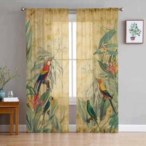 Spring Parrot Flowers Retro Tulle Sheer Window Curtains for Living Room Kitchen Children Bedroom Voile Hanging Curtain