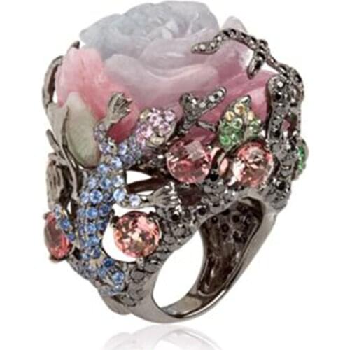 Vintage Turkish Black Gold Peony Rose White Pink Flower Rings For Women Men Luxury Tree Branch Lizard Design Big Ring Z4X878