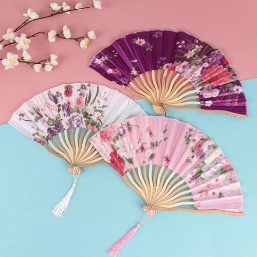 Vintage Bamboo Folding Hand Held Flower Fan Chinese Dance Party Pocket Gifts Wedding Colorful