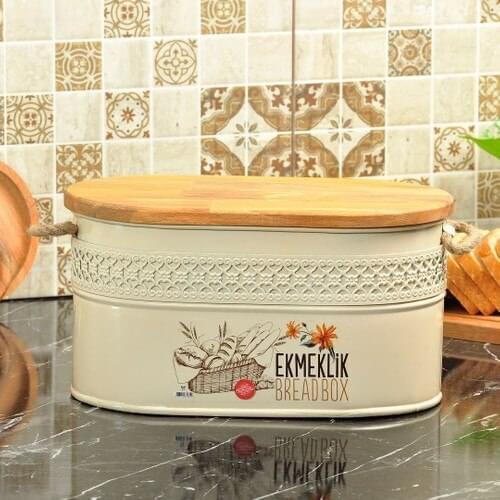 Yildiray Metal Wrought Iron With Wooden Lid Bread Cutting Tahtalı Breadstuff Storage Container Cream
