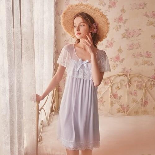 Free Shipping 2019 New Summer Princess Style Womens Vintage Short Nightgown White Pink Purple Sleepwear Lace Sweet Pijamas