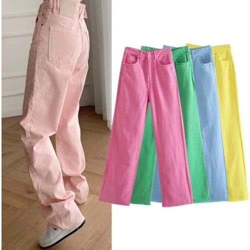 Women Chic Fashion Five Pockets Coloured Wide-leg Jeans Vintage High Waist Zipper Fly Female Denim Trousers Full Length pants