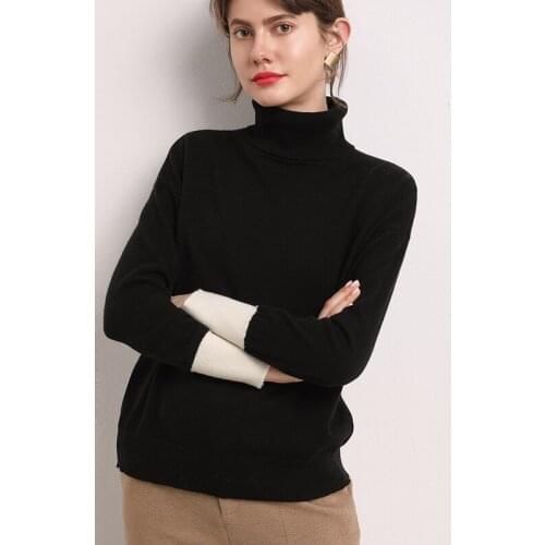 Autumn and winter new pure wool sweater womens cuff color matching loose pullover long-sleeved knitted bottoming shirt