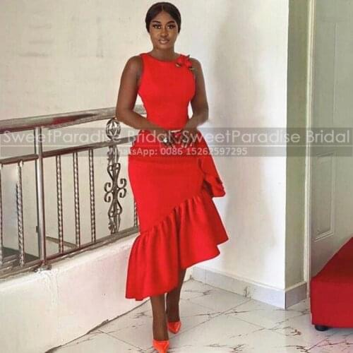 Stylish Red Ruffles Mermaid Bridesmaid Dresses Tea Length African Women Long Wedding Party Dress Prom Vestido De Fiesta De Boda