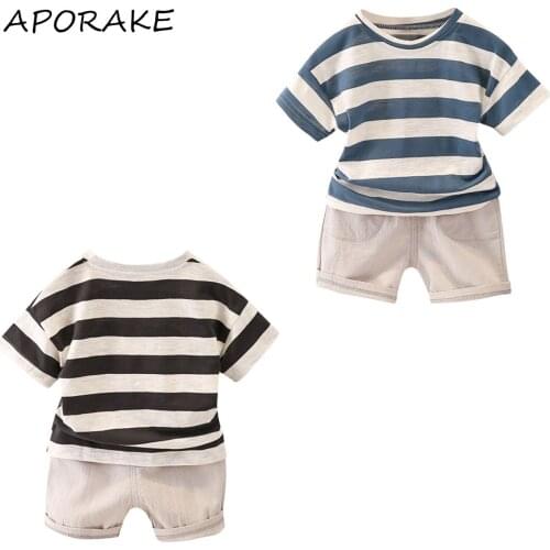2021 0-5Y Toddler Baby Boy Clothes Short-sleeved Fresh Stripe Round Neck Tops T-shirt+Solid Color Pants Summer Casual Loose 2pcs