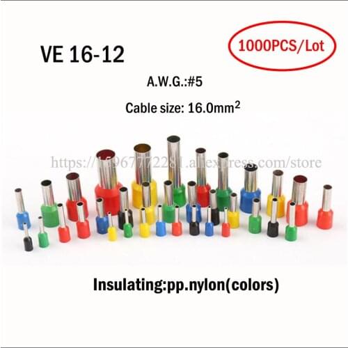 500PCS Terminal VE16-12 A.W.G.#5 cable size16.0mm2 Insulated cord end terminal wire cable plug connector copper PP.nylon colors