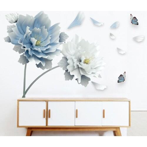 Large White Blue Flower Lotus Butterfly Removable Wall Stickers 3D Wall Art Decals Mural Art for Living Room Bedroom Home Decor
