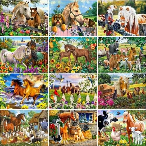 HUACAN Full Square Round Diamond Painting Horse Cross Stitch Kit 5D Diamond Embroidery Animal Mosaic Flower Farmhouse Decor