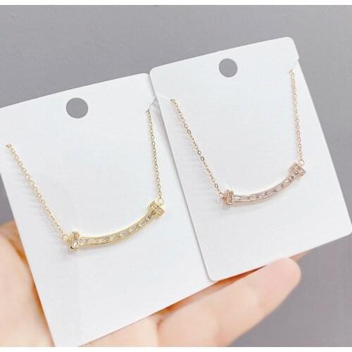 Korean Smile Double T Necklace Womens Fashion Necklace All-Match Micro Inlaid Zircon Smiley Face Clavicle Chain Pendant