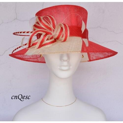 Red ivory sinamay hat fascinator for Kentucky derby Church Wedding