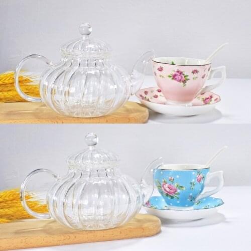 2pcs set, glass coffee pot & bone china cup and saucer, vintage floral tea set, cafeteria espresso cups, pumpkin design pitcher