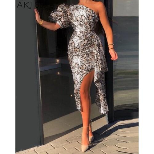 One Shoulder Snakeskin Print Slit Ruffles Dress
