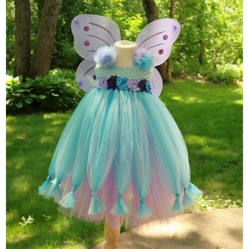 Girls Aqua Fairy Butterfly Tutu Dress Kids Tulle Flower Dress Ball Gown with Purple Wing Children Party Cosplay Costume Dresses