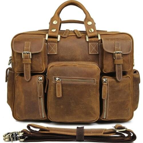 Retro Business Leather Multi-pocket Briefcase 733-40 Europe Male Crazy Horse Genuine Handbag Mens Leather Tote Bag Mens Bag