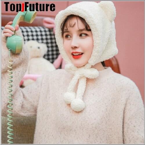 Ins winter cute selling GIRL bear ears warm hat windproof neck scarf cap student women plus cashmere cap HAT SCARF BIRTHDAY GIFT