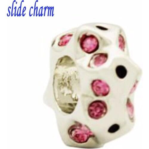 Slide charm Free shipping Valentines Day gift unique fashion personality pink crystal bone charm beads fit Pandora bracelet