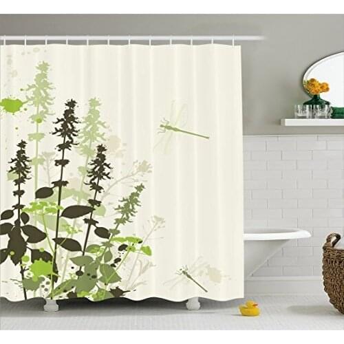 Dragonfly Shower Curtain Nature Plants Grass with Wildflowers with Paintbrush Effects Print Bath Curtain With Hooks For Bathroom
