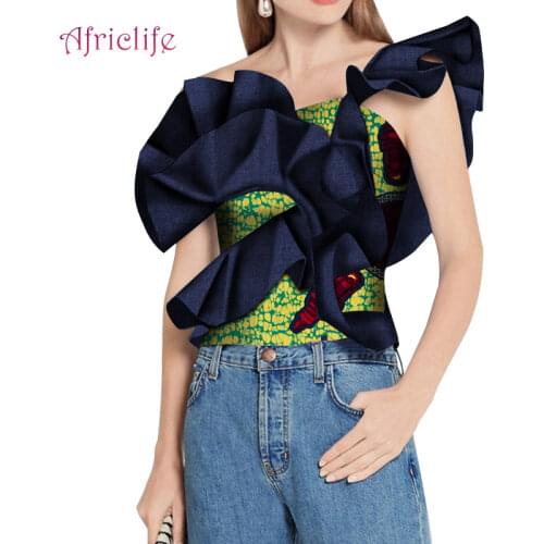 Fashion Model Clothing One Shoulder Ruffles African Wax Cotton Ankara Women Top Shirt Summer WY4376