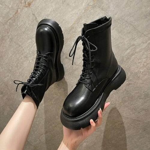 2021 New Genuine Leather Platform Boots New Autumn Women Light Comfortable Chunky Boots Fashion Lace Up Lady Shoes Footwear