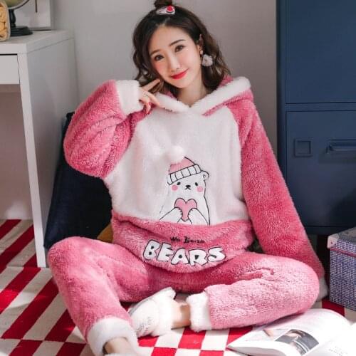 2021 Winter Flannel Pajamas Set For Women Animal Thick Warm Cute Long Sleeves Sleepwear Pyjamas Suit Homewear Clothes Night Wear